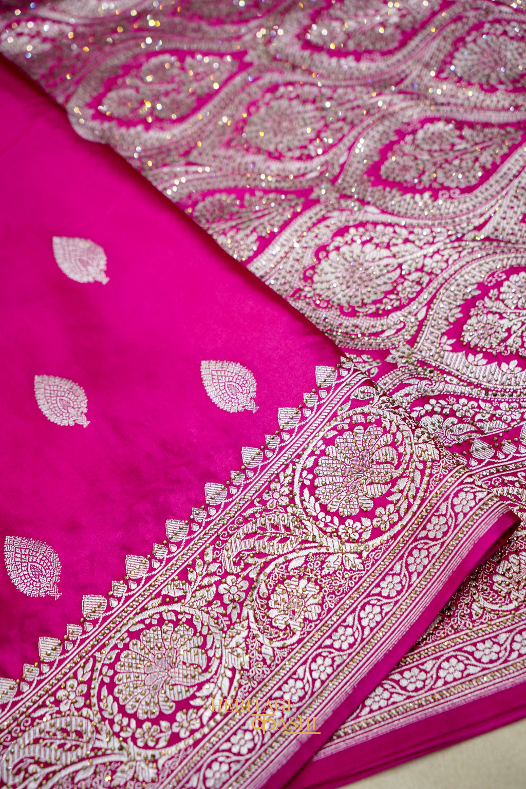 Rani Pink Swarovski Stone Work Mashru Banarasi Silk Saree