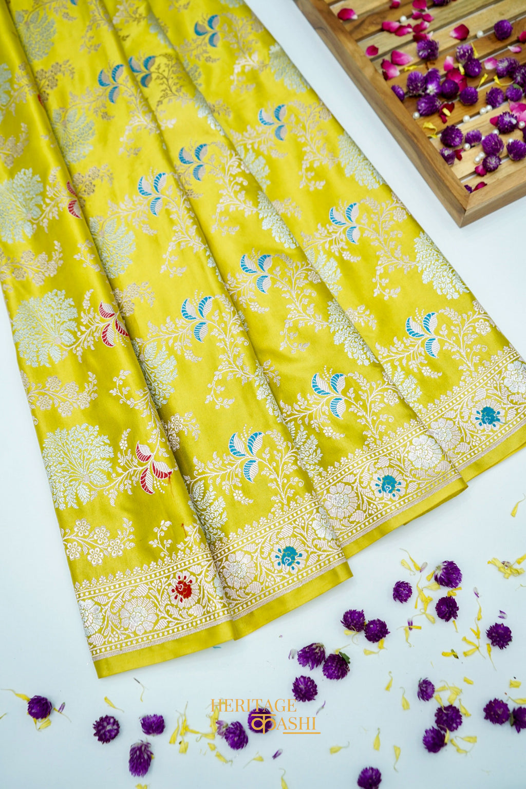 Sunshine Yellow Mashru Multicolour Floral Jaal Motif Silk Saree
