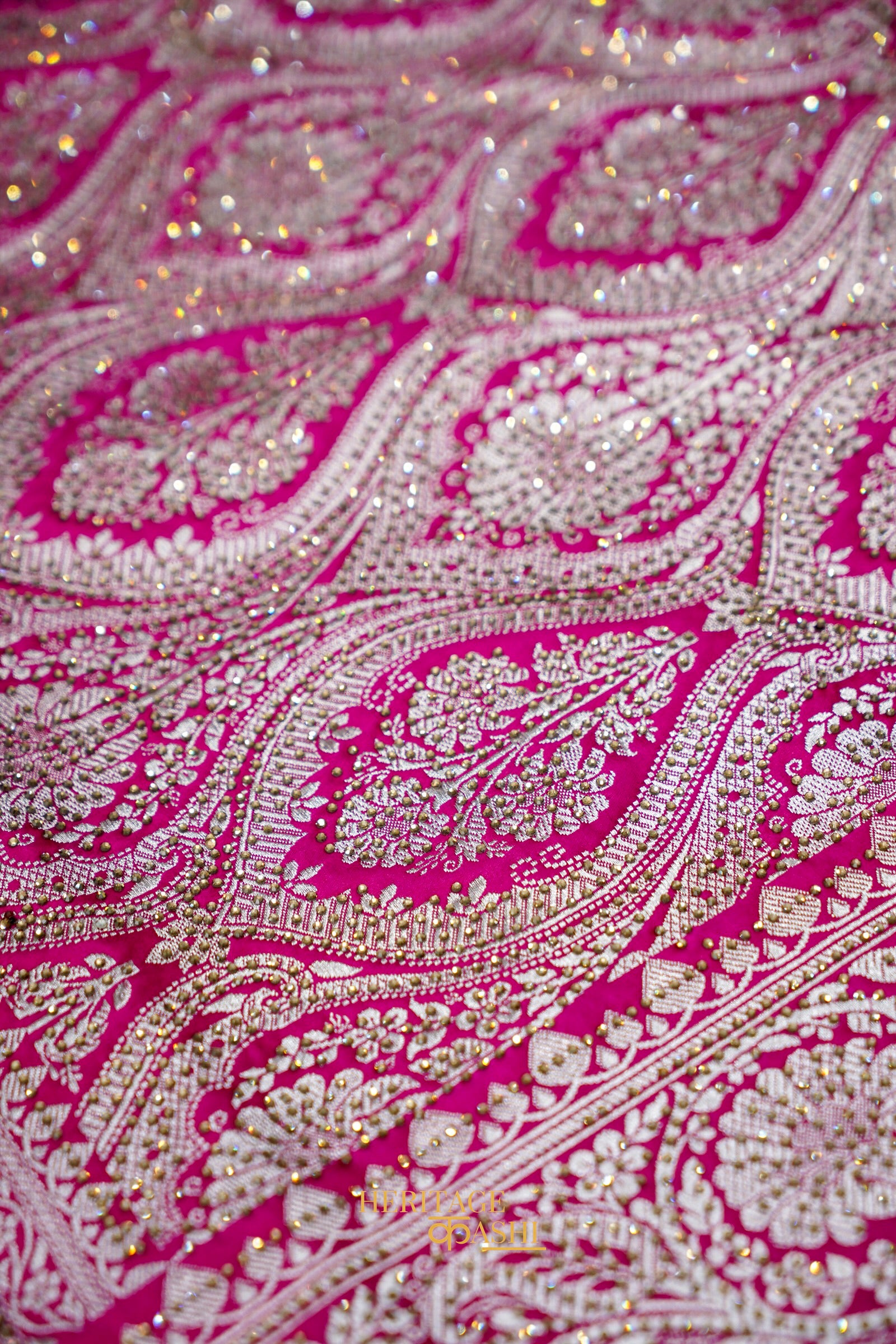 Rani Pink Swarovski Stone Work Mashru Banarasi Silk Saree