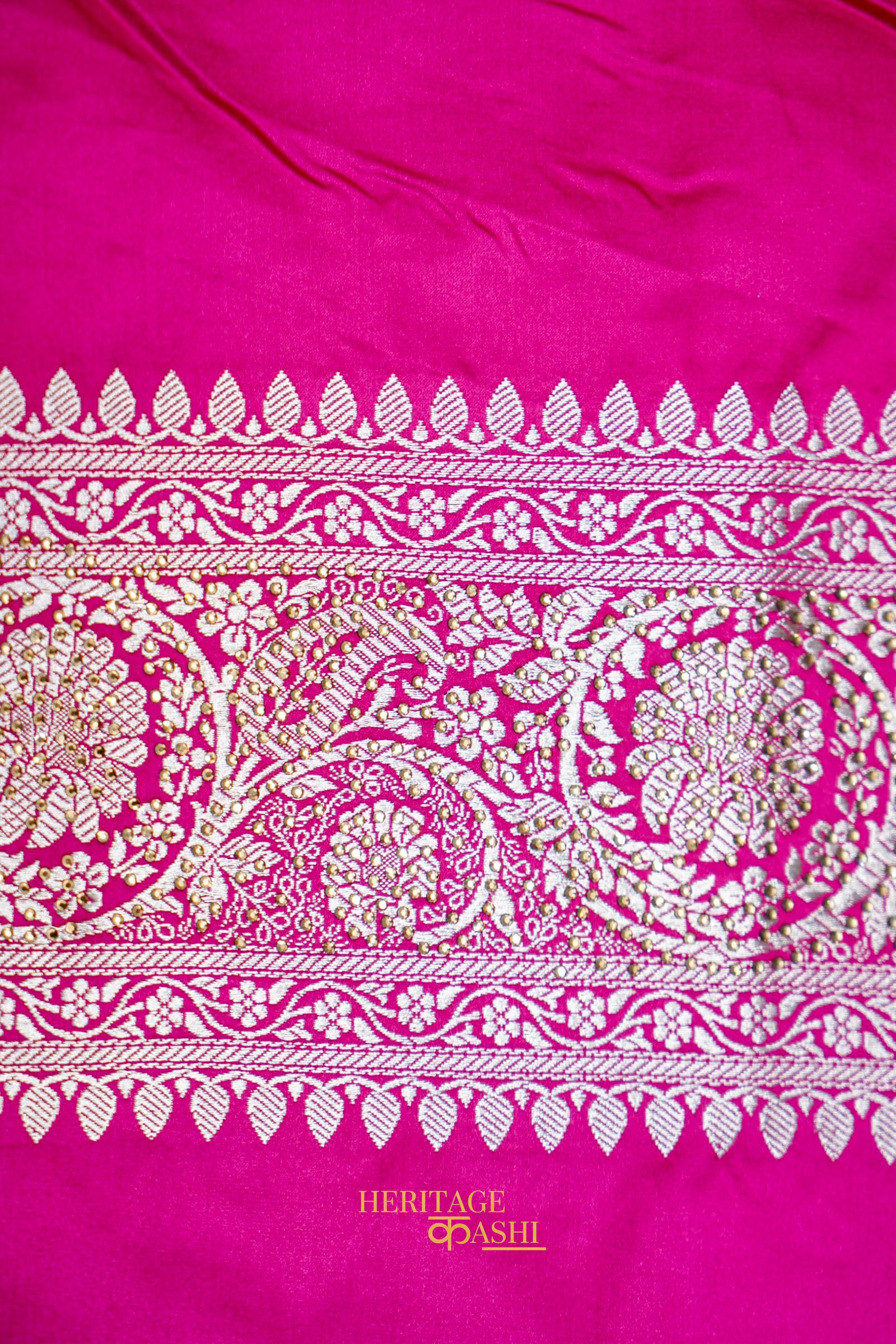 Rani Pink Swarovski Stone Work Mashru Banarasi Silk Saree
