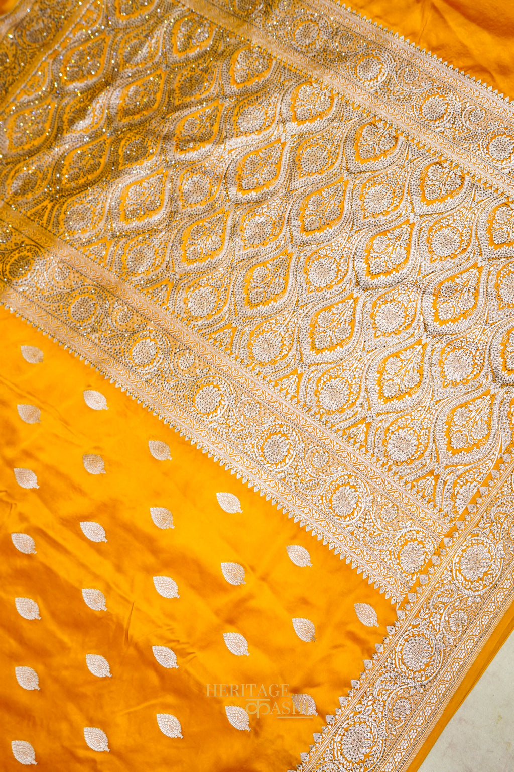 Honey Gold Swarovski Stone Work Mashru Banarasi Silk Saree