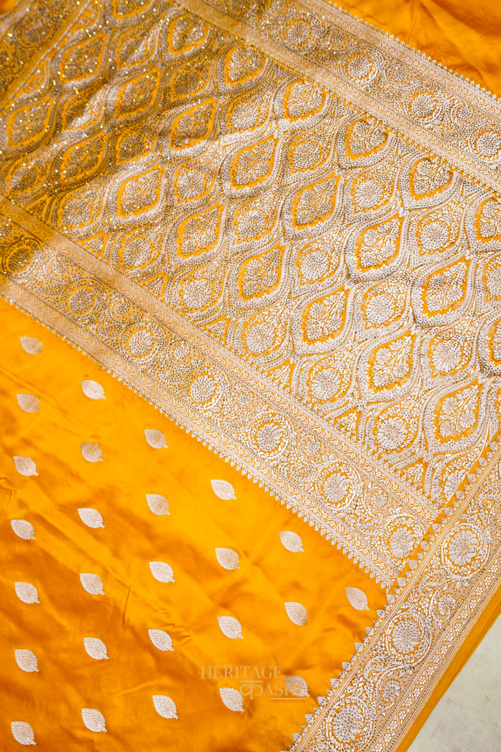 Honey Gold Swarovski Stone Work Mashru Banarasi Silk Saree