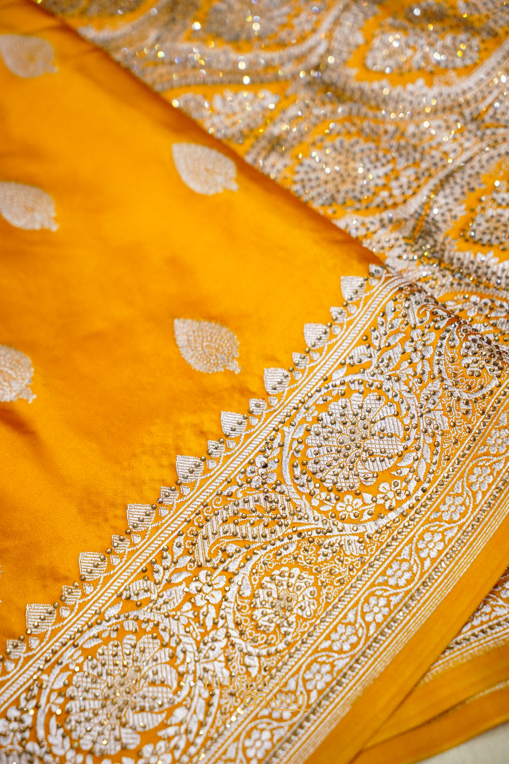 Honey Gold Swarovski Stone Work Mashru Banarasi Silk Saree