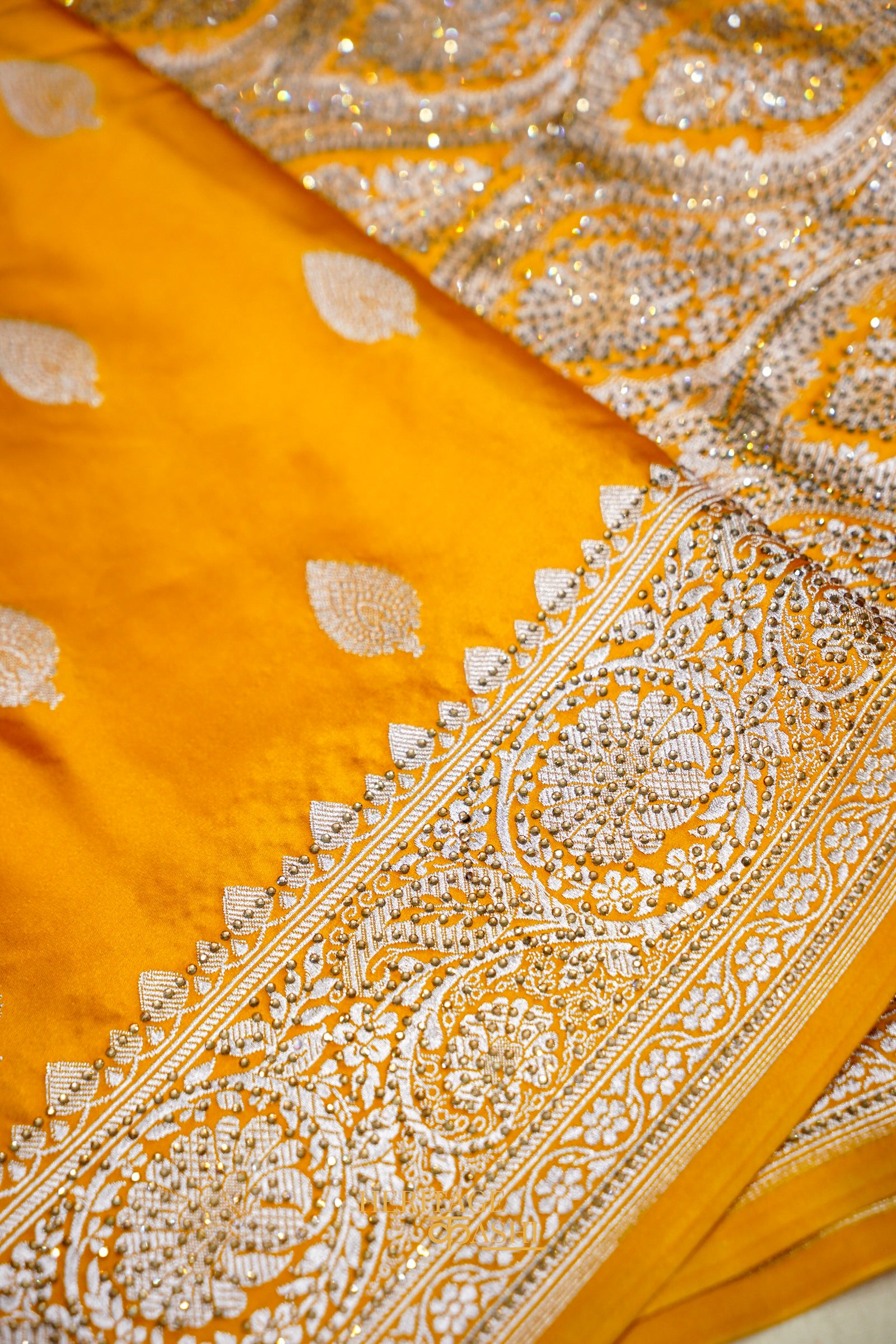 Honey Gold Swarovski Stone Work Mashru Banarasi Silk Saree