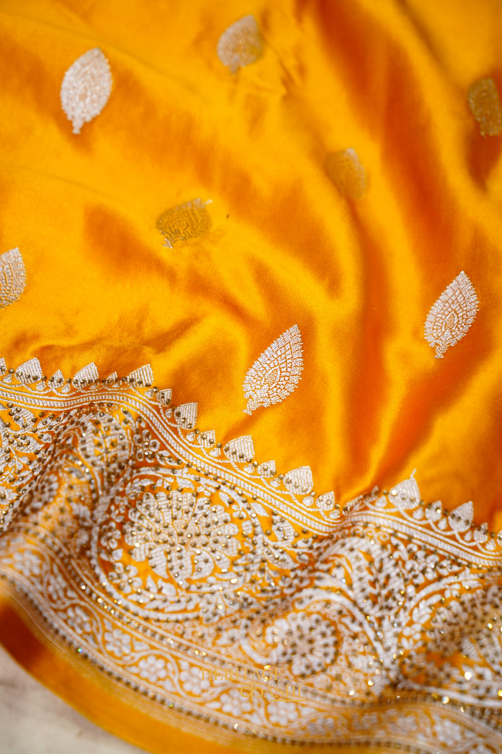 Honey Gold Swarovski Stone Work Mashru Banarasi Silk Saree