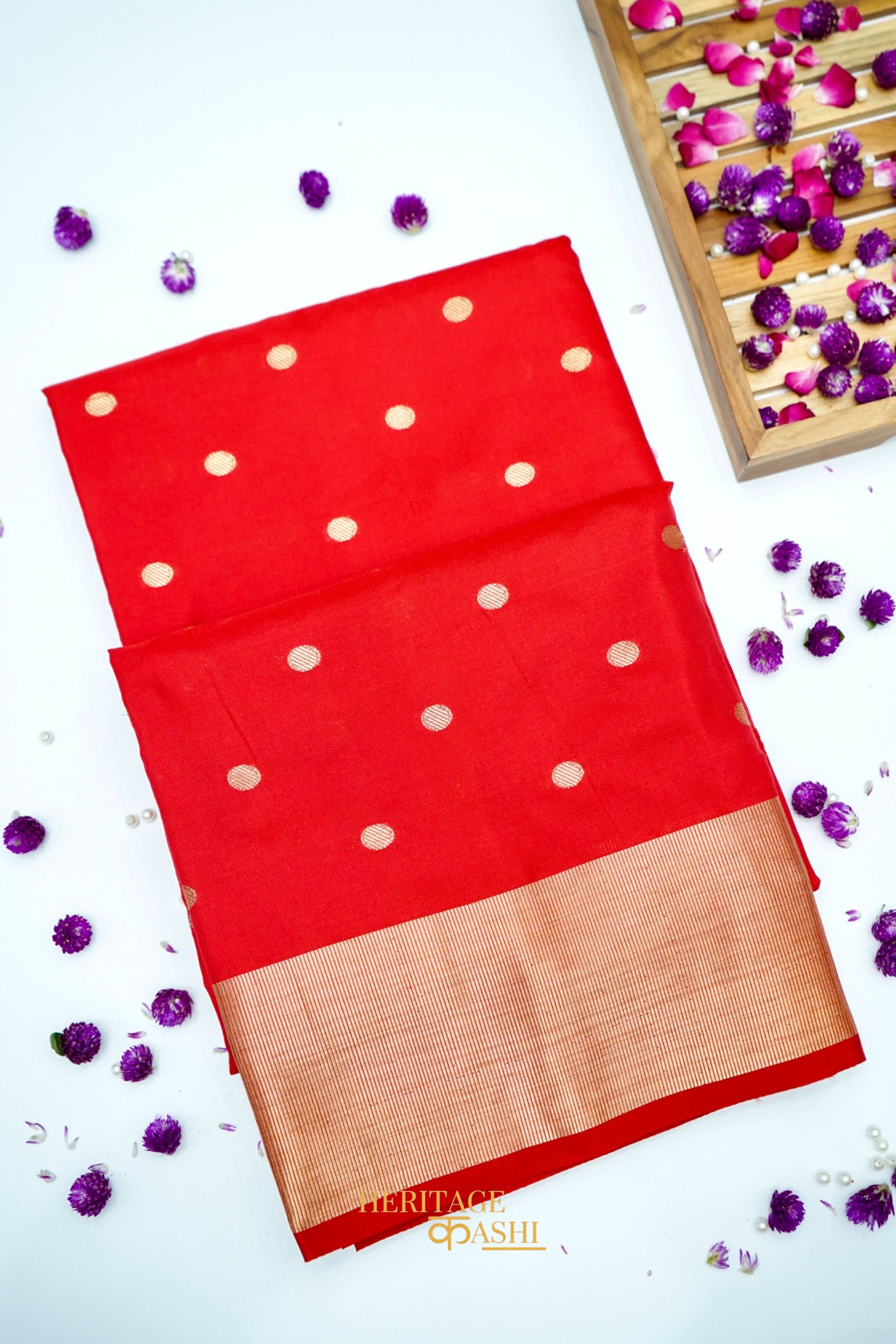 Red Banarasi Silk Saree with Golden Zari Border