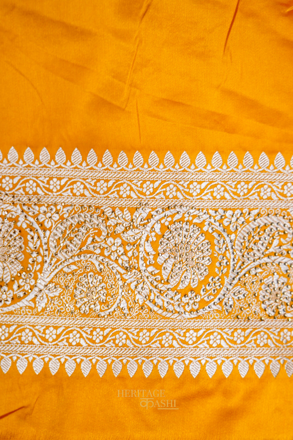 Honey Gold Swarovski Stone Work Mashru Banarasi Silk Saree