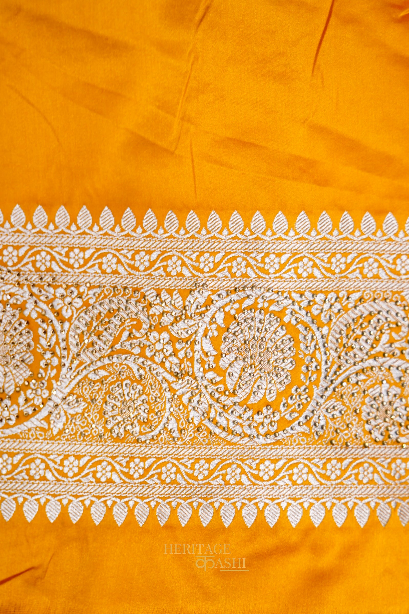 Honey Gold Swarovski Stone Work Mashru Banarasi Silk Saree