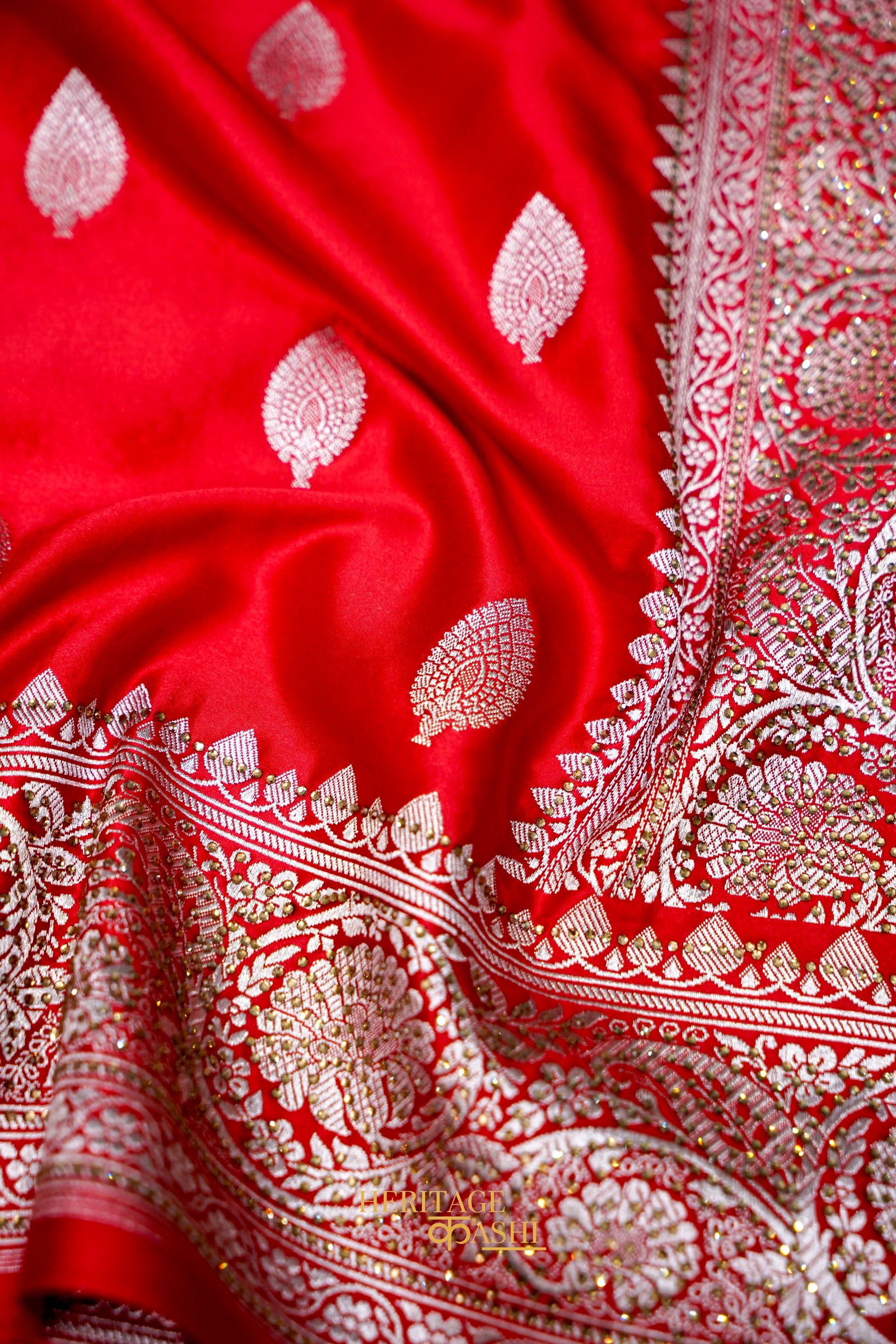 Rani Pink Swarovski Stone Work Mashru Banarasi Silk Saree