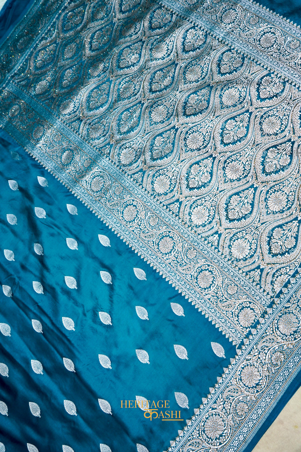 Teal Blue Swarovski Stone Work Mashru Banarasi Silk Saree