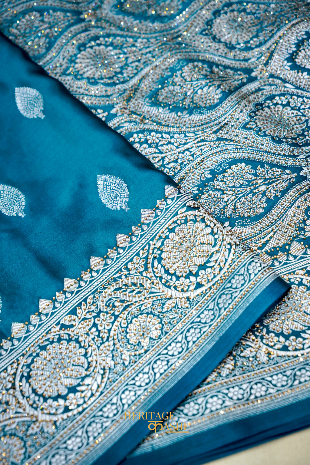 Teal Blue Swarovski Stone Work Mashru Banarasi Silk Saree