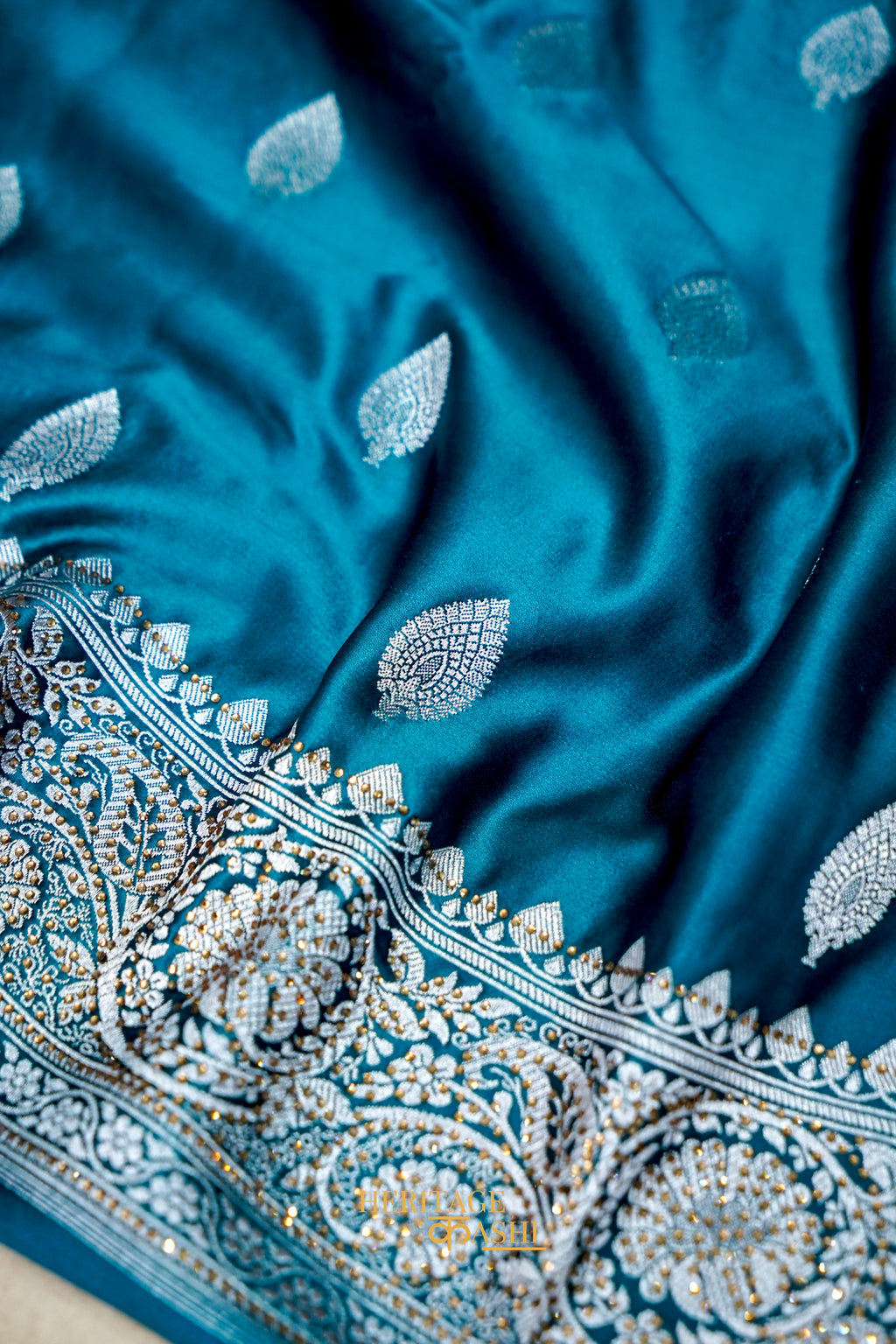 Teal Blue Swarovski Stone Work Mashru Banarasi Silk Saree