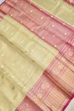 Ivory Tissue Kota Zari Buti Banarasi Silk Saree with Rani Pink Zari Border