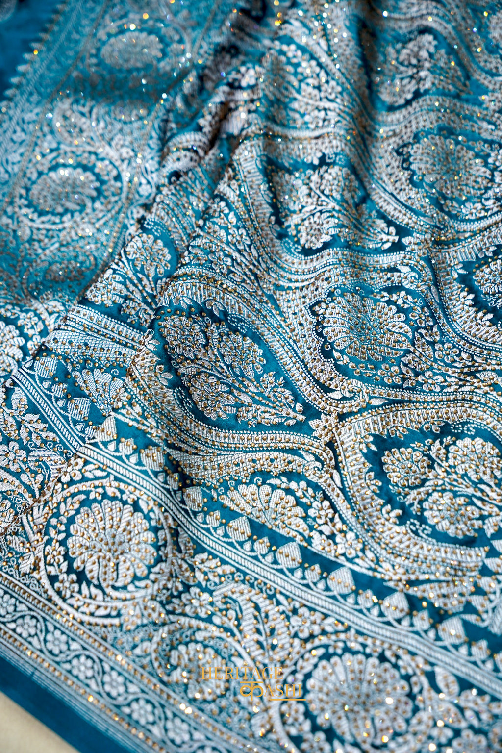 Teal Blue Swarovski Stone Work Mashru Banarasi Silk Saree