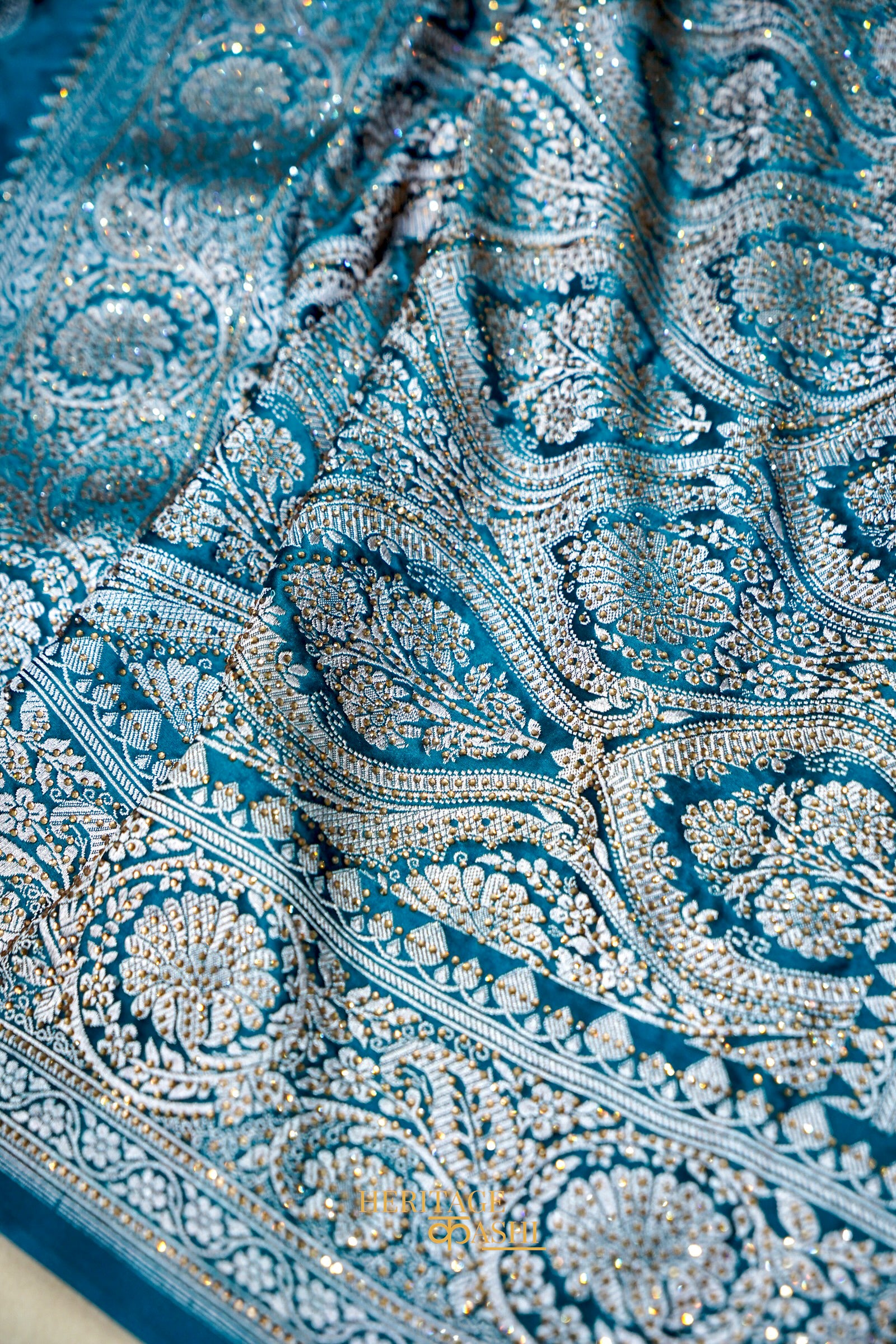 Teal Blue Swarovski Stone Work Mashru Banarasi Silk Saree