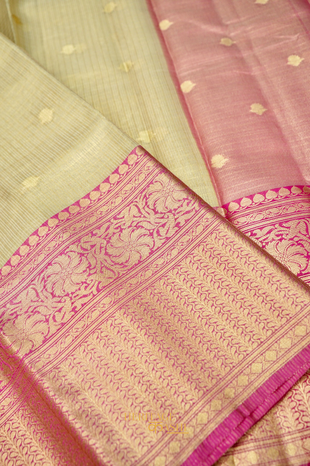 Ivory Tissue Kota Zari Buti Banarasi Silk Saree with Rani Pink Zari Border