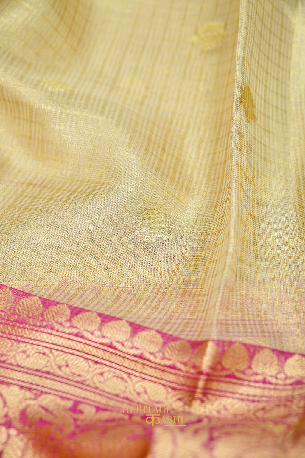 Ivory Tissue Kota Zari Buti Banarasi Silk Saree with Rani Pink Zari Border