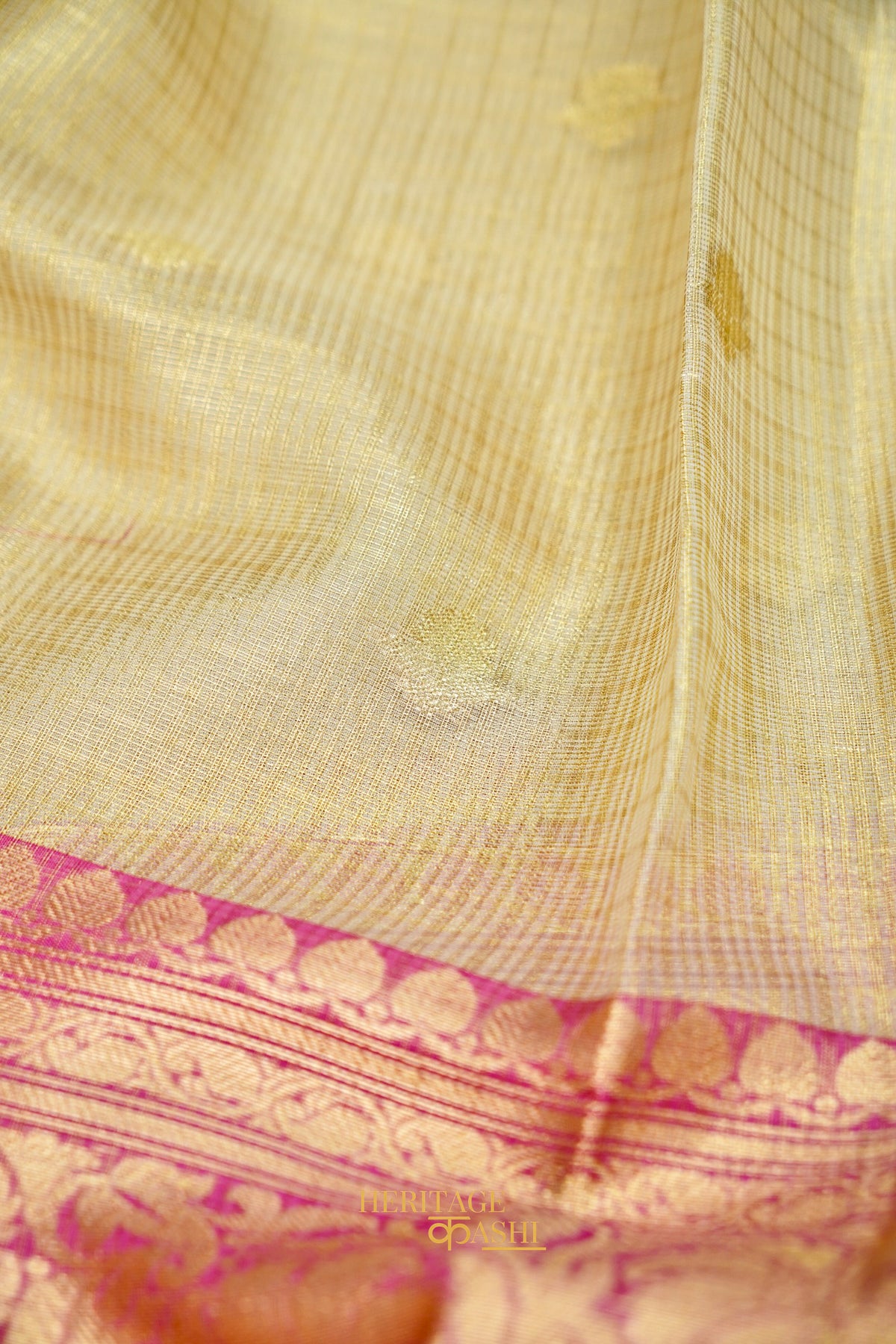 Ivory Tissue Kota Zari Buti Banarasi Silk Saree with Rani Pink Zari Border
