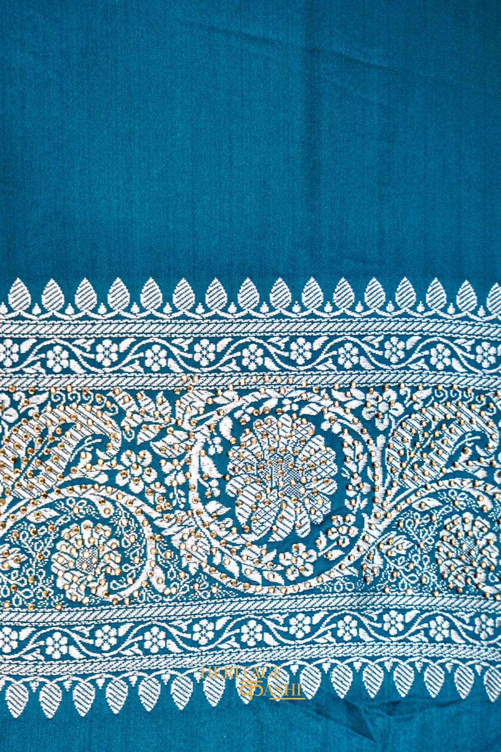 Teal Blue Swarovski Stone Work Mashru Banarasi Silk Saree