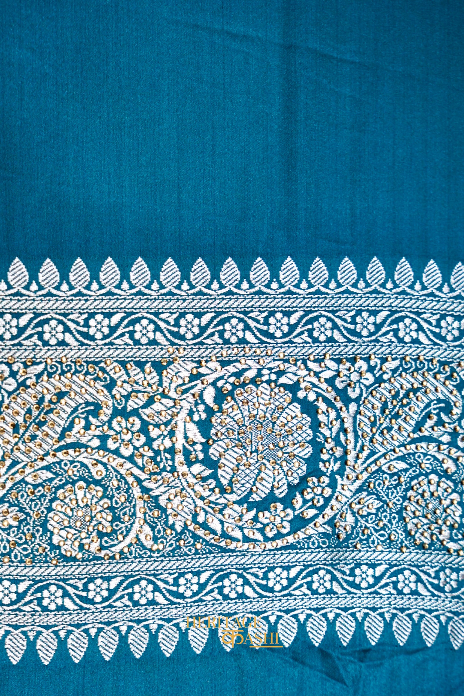 Teal Blue Swarovski Stone Work Mashru Banarasi Silk Saree