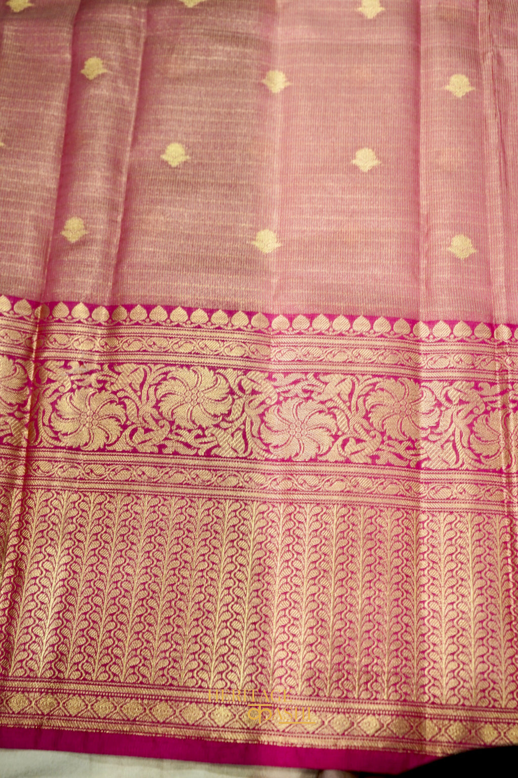 Ivory Tissue Kota Zari Buti Banarasi Silk Saree with Rani Pink Zari Border