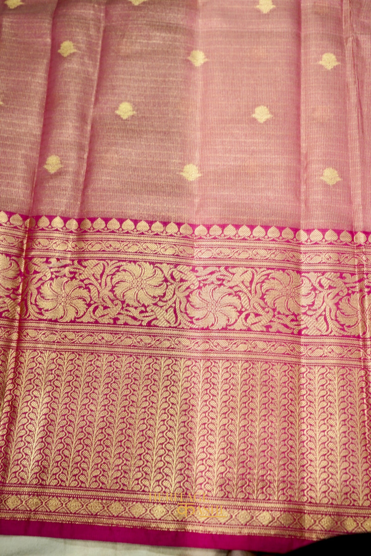 Ivory Tissue Kota Zari Buti Banarasi Silk Saree with Rani Pink Zari Border