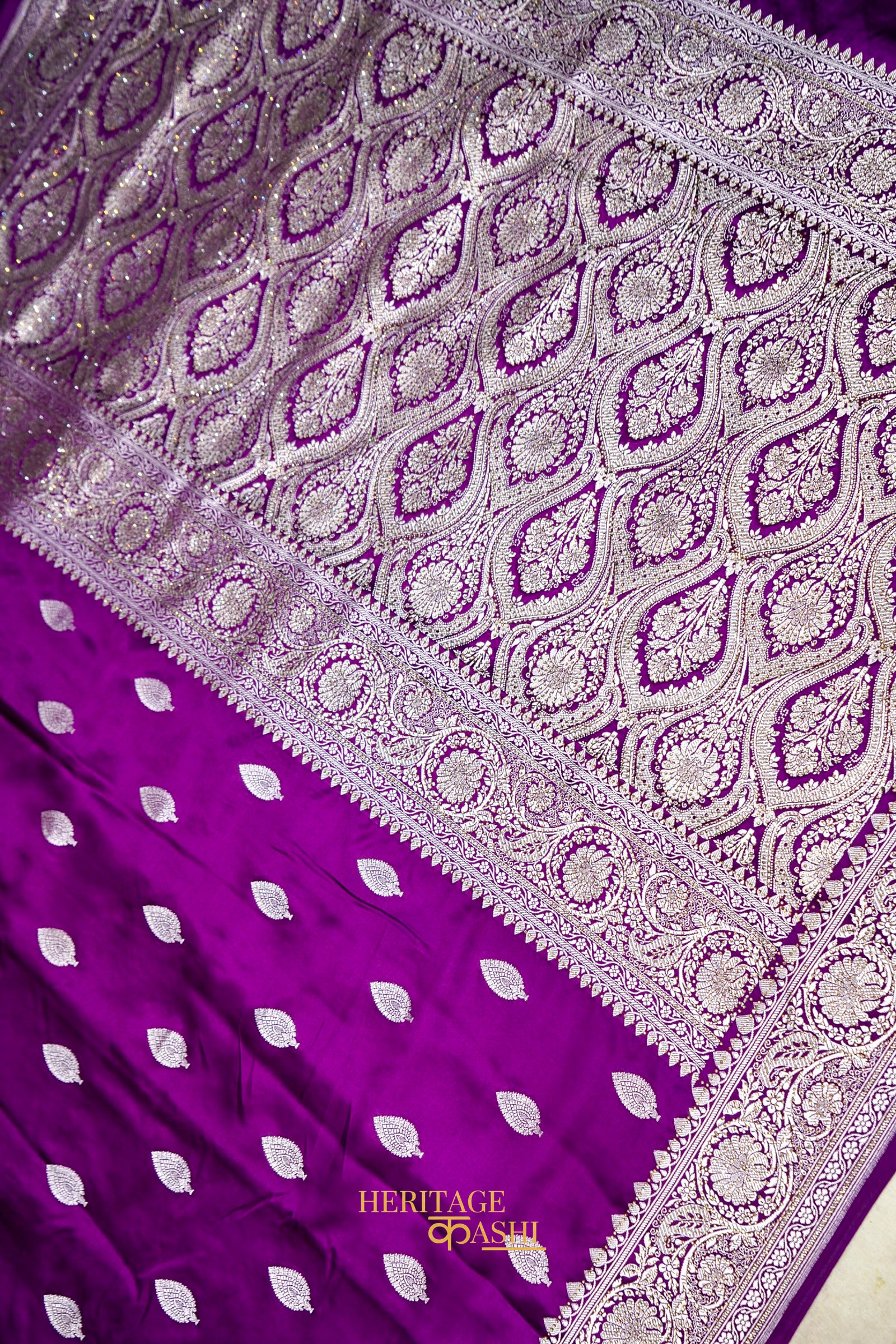 Royal Purple Swarovski Stone Work Mashru Banarasi Silk Saree