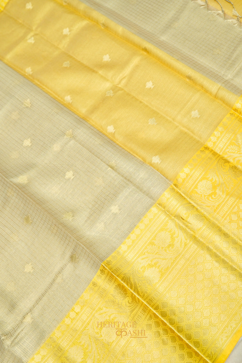 Ivory Tissue Kota Banarasi Silk Saree with Golden Yellow Zari Border