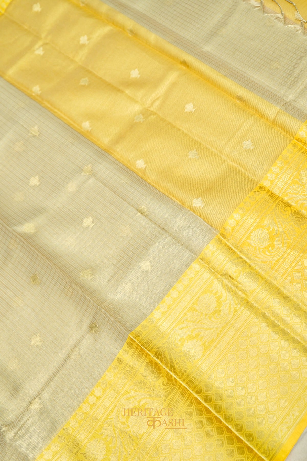 Ivory Tissue Kota Banarasi Silk Saree with Golden Yellow Zari Border