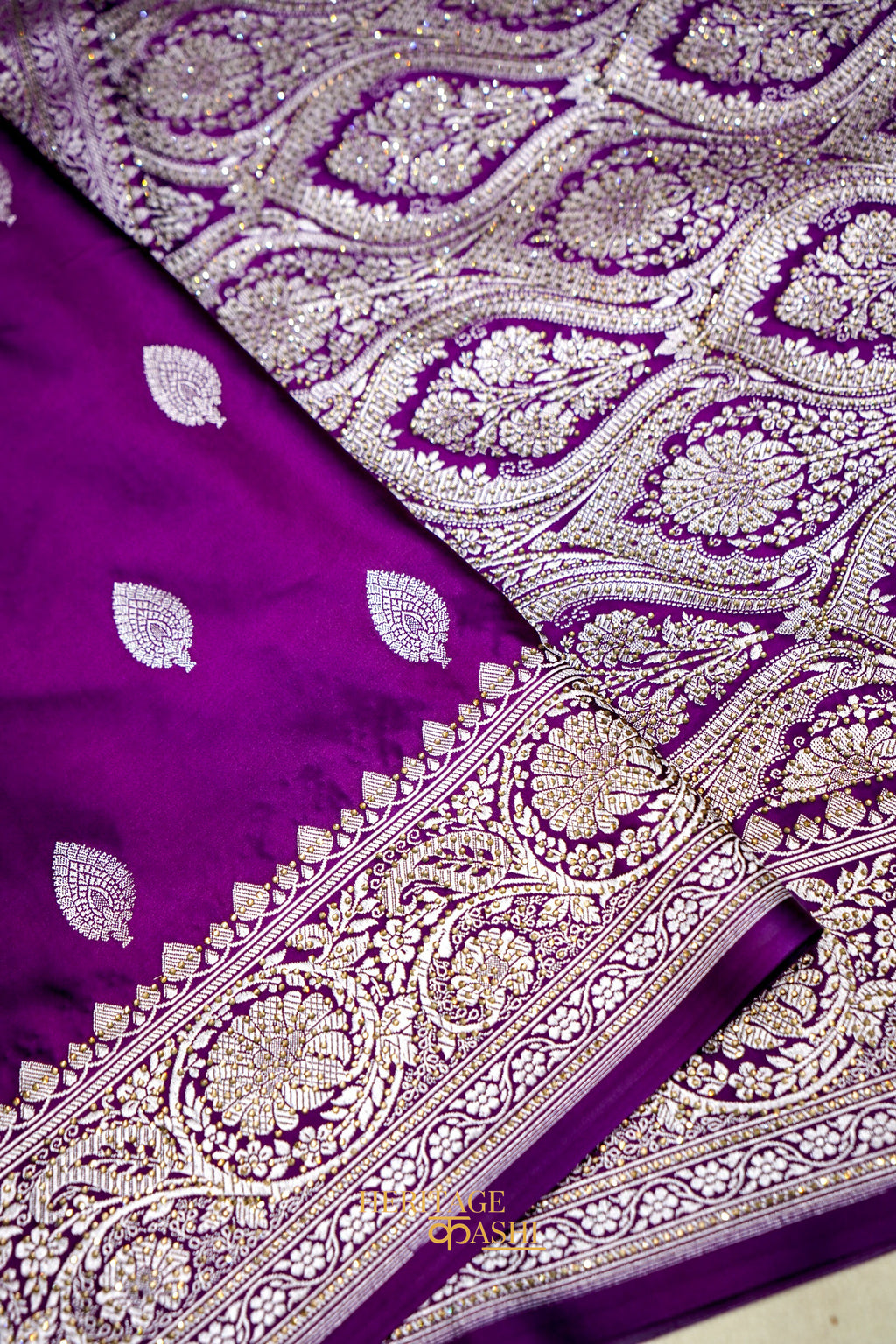 Royal Purple Swarovski Stone Work Mashru Banarasi Silk Saree