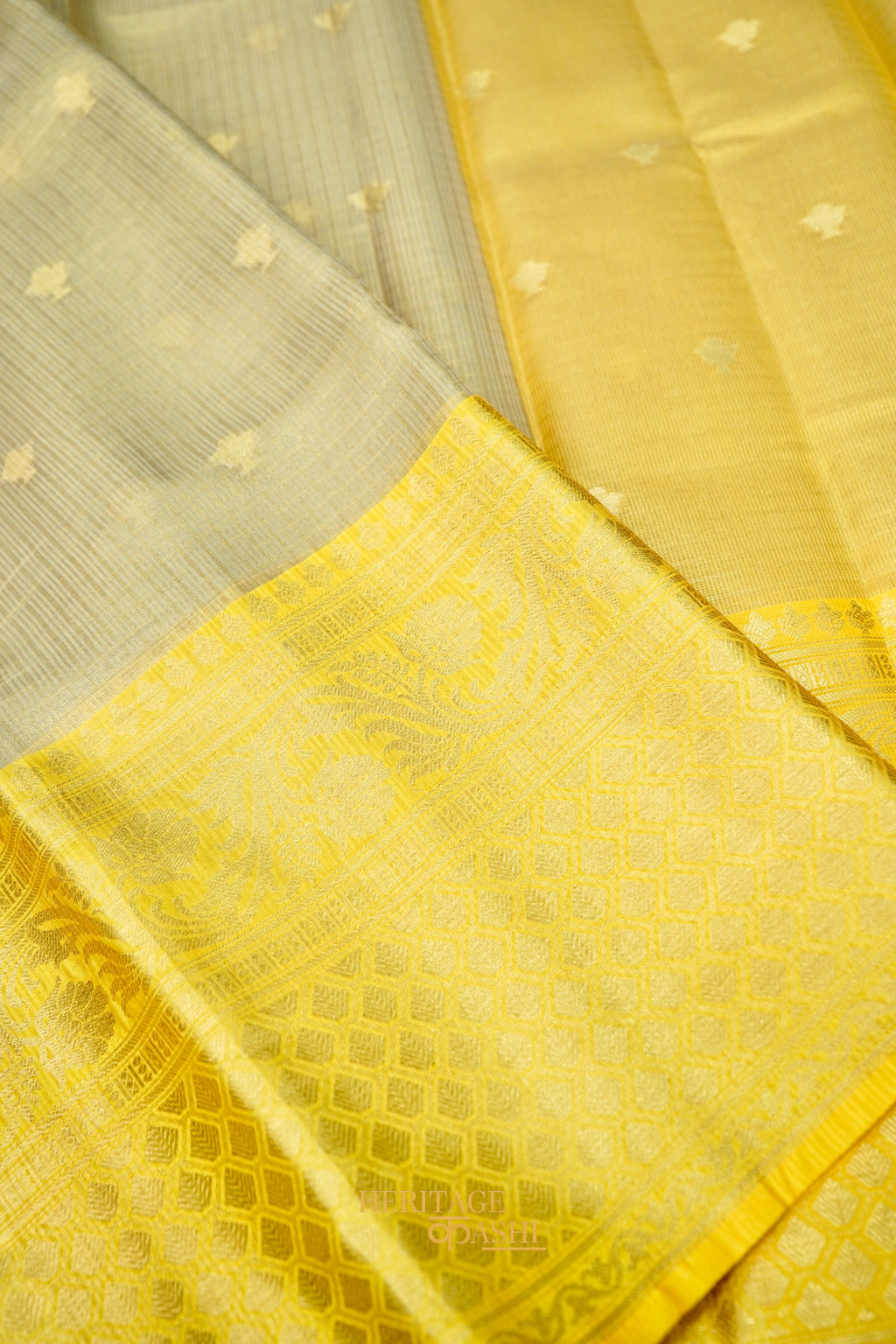 Ivory Tissue Kota Banarasi Silk Saree with Golden Yellow Zari Border