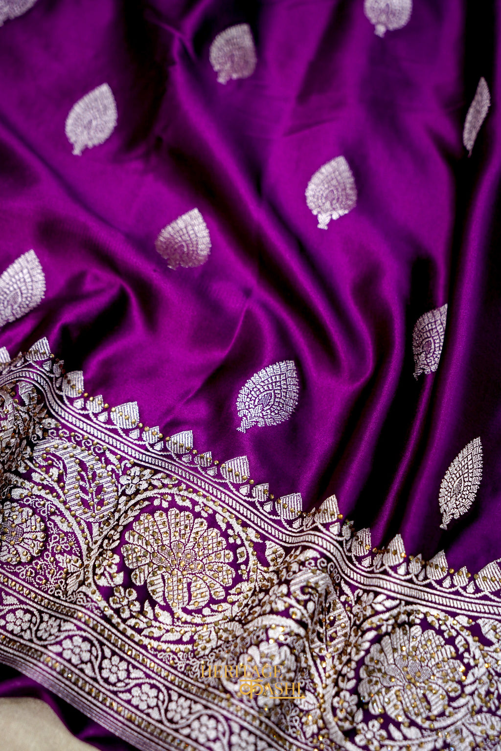 Royal Purple Swarovski Stone Work Mashru Banarasi Silk Saree