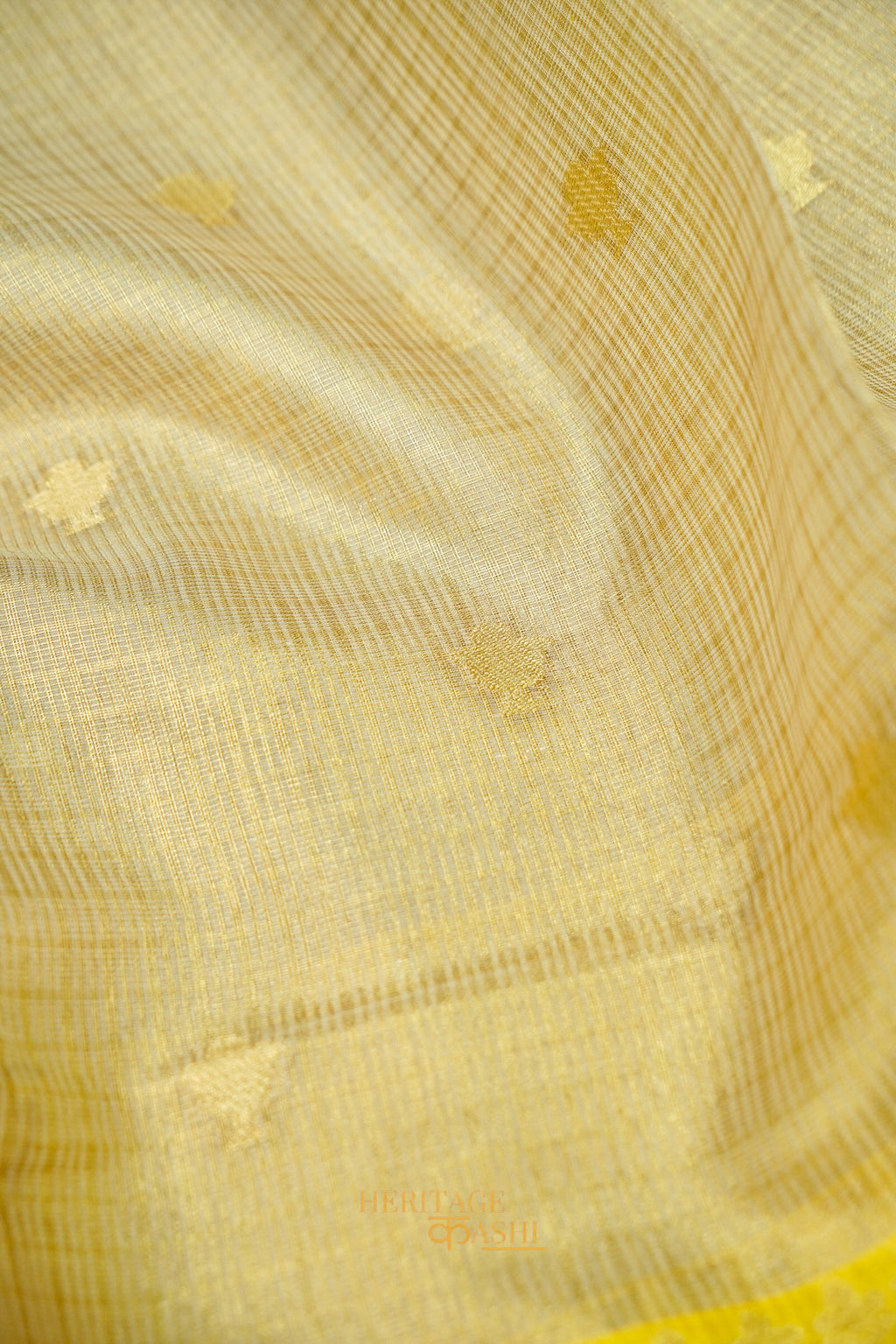 Ivory Tissue Kota Banarasi Silk Saree with Golden Yellow Zari Border