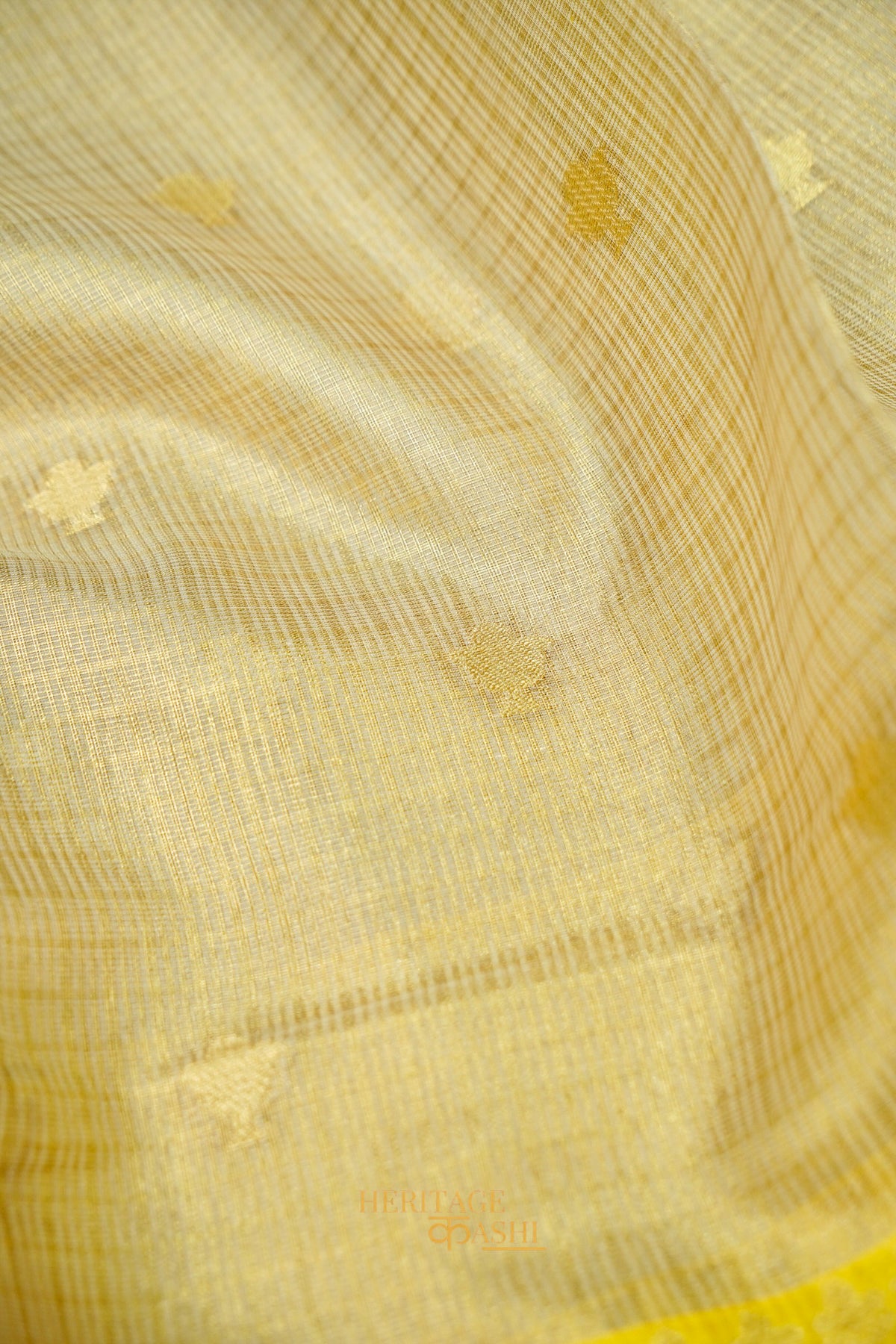 Ivory Tissue Kota Banarasi Silk Saree with Golden Yellow Zari Border