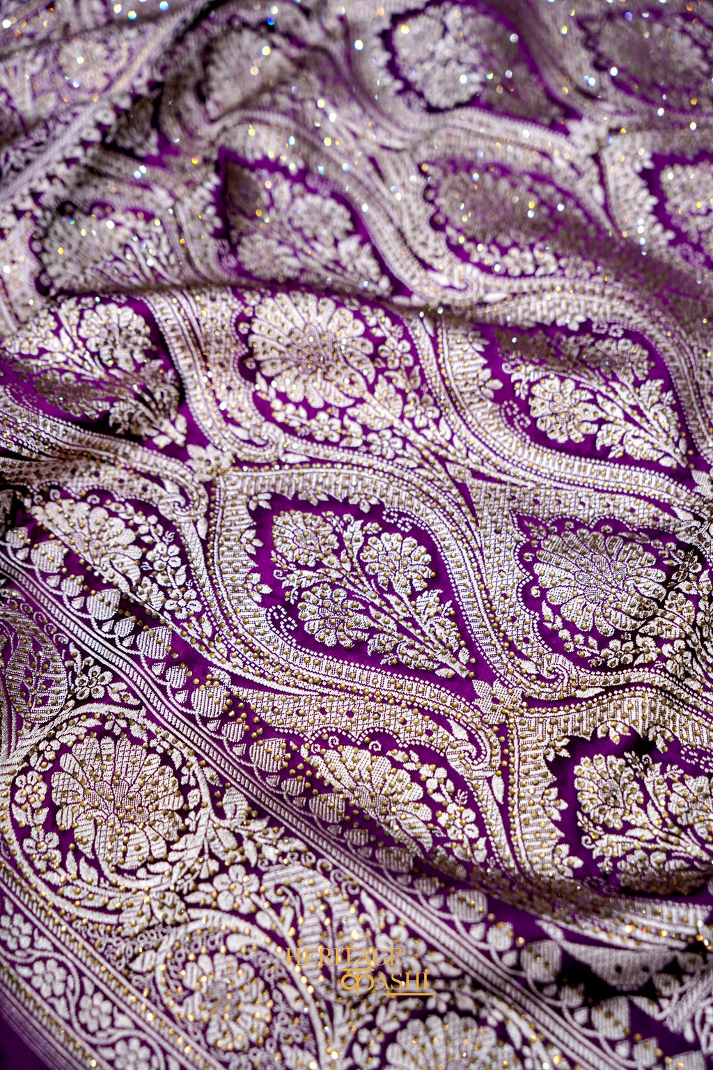 Royal Purple Swarovski Stone Work Mashru Banarasi Silk Saree