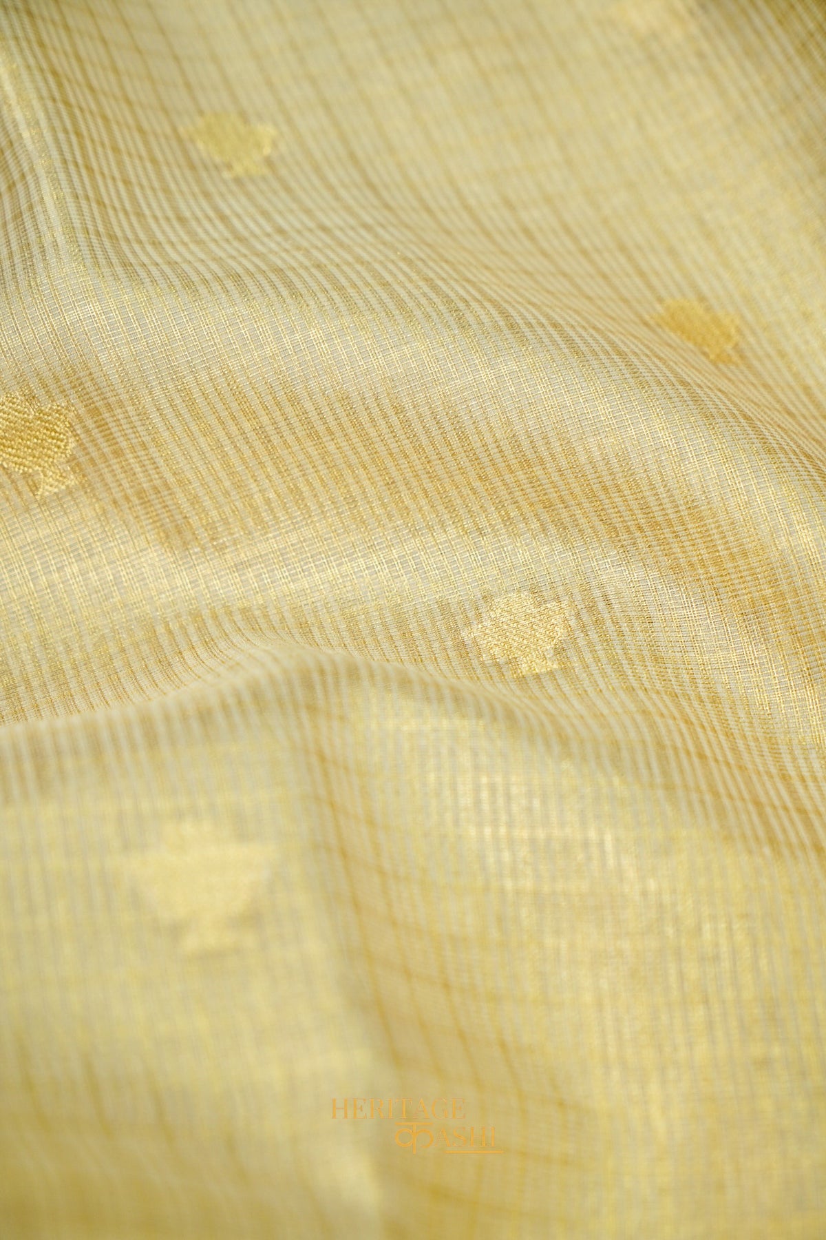 Ivory Tissue Kota Banarasi Silk Saree with Golden Yellow Zari Border
