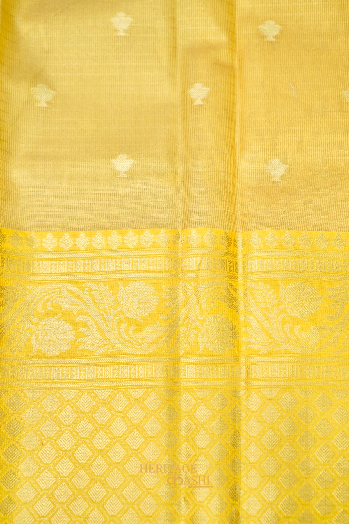 Ivory Tissue Kota Banarasi Silk Saree with Golden Yellow Zari Border