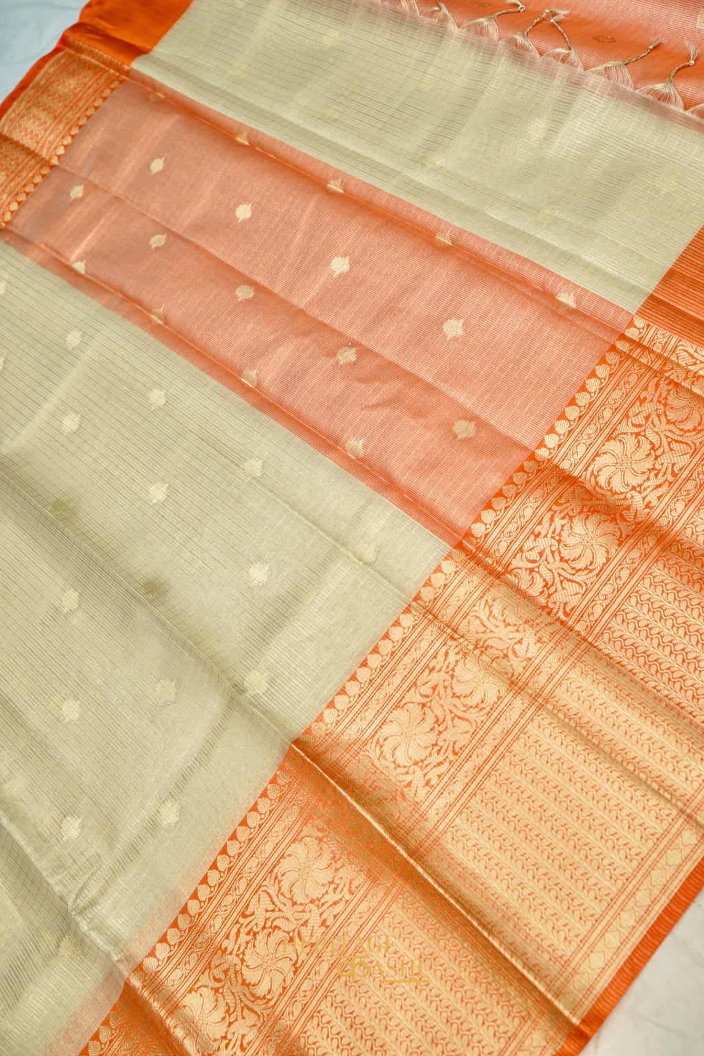 Ivory Tissue Kota Zari Buti Banarasi Silk Saree with Orange Zari Border