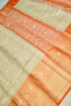 Ivory Tissue Kota Zari Buti Banarasi Silk Saree with Orange Zari Border
