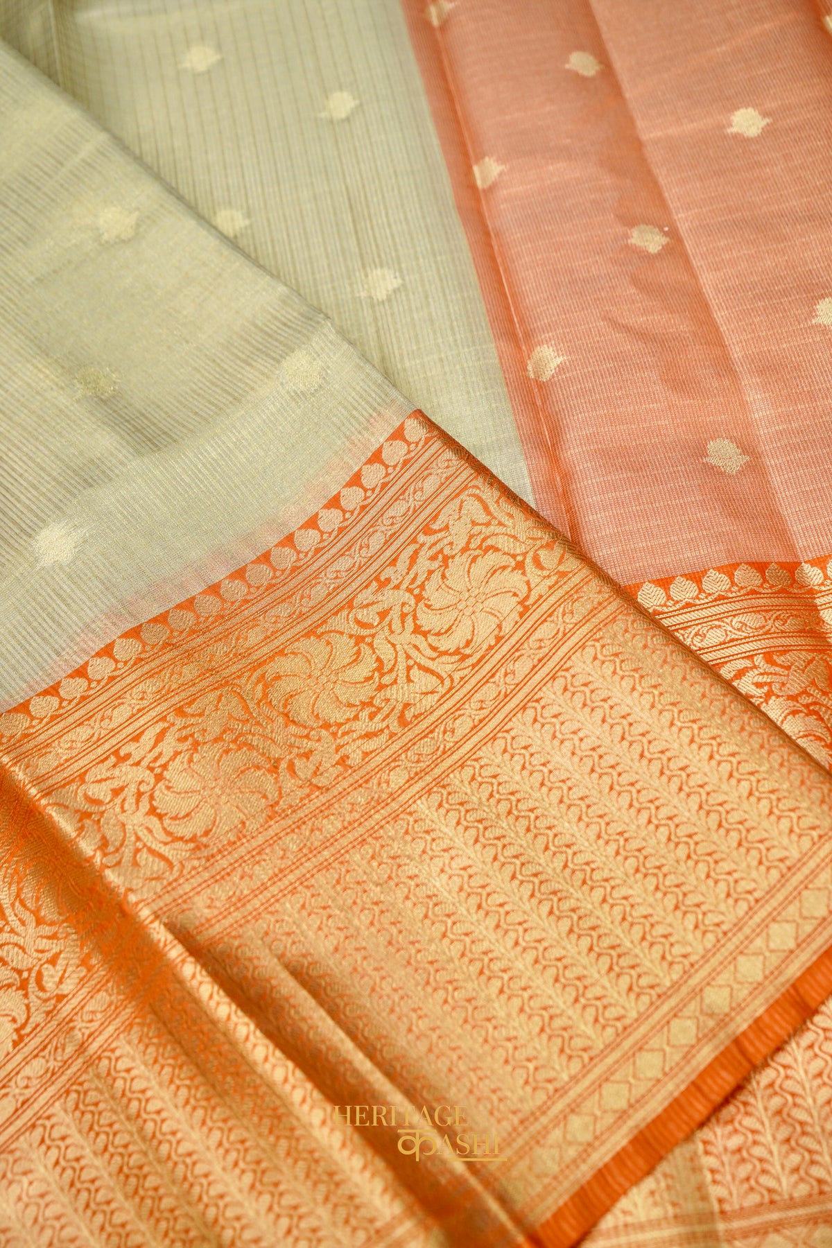 Ivory Tissue Kota Zari Buti Banarasi Silk Saree with Orange Zari Border