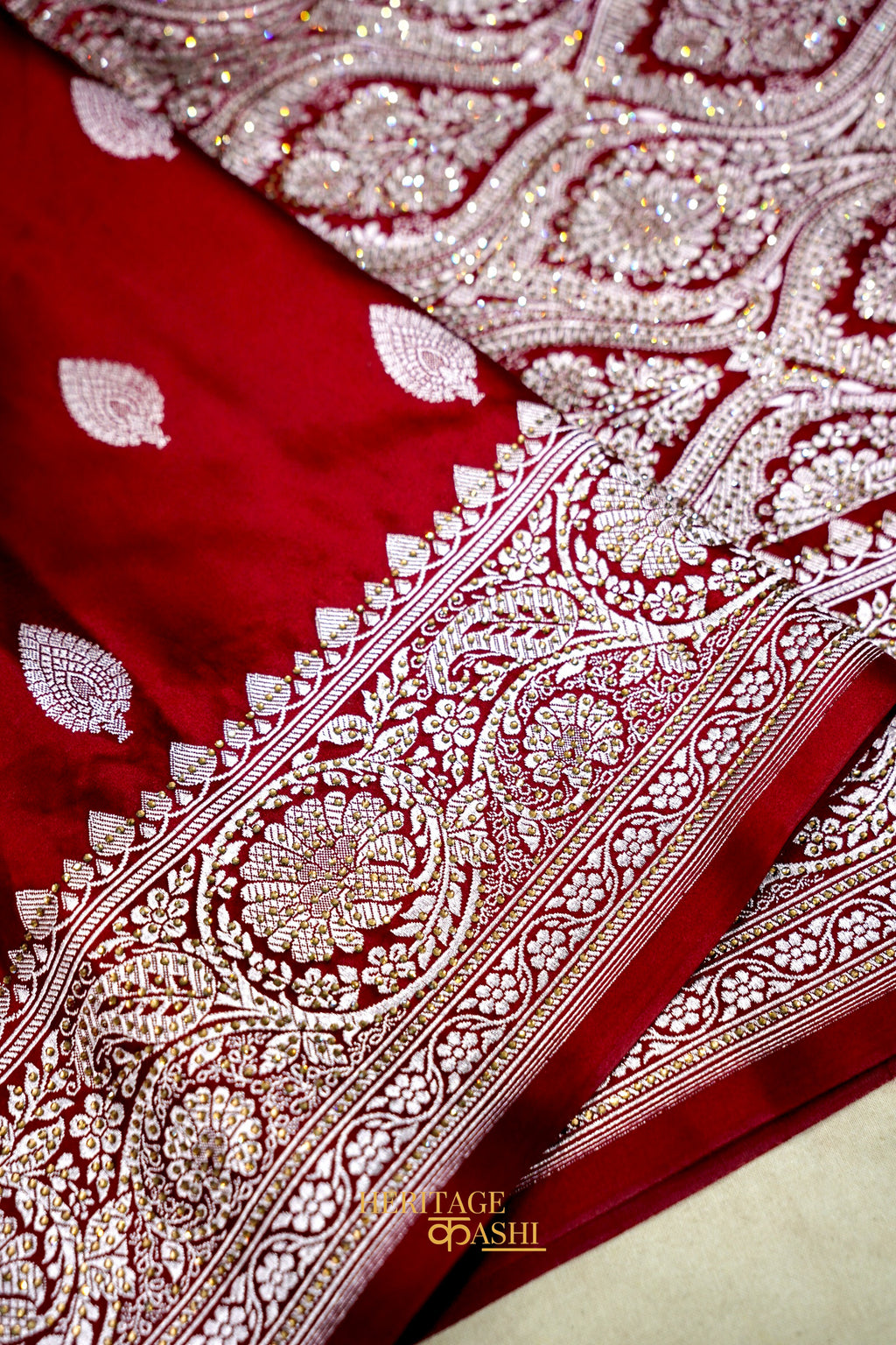 Deep Maroon Swarovski Stone Work Mashru Banarasi Silk Saree