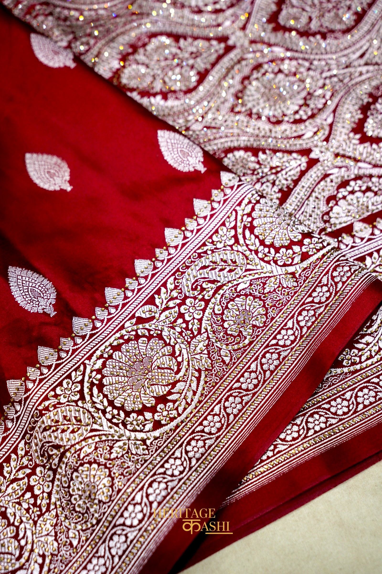 Deep Maroon Swarovski Stone Work Mashru Banarasi Silk Saree