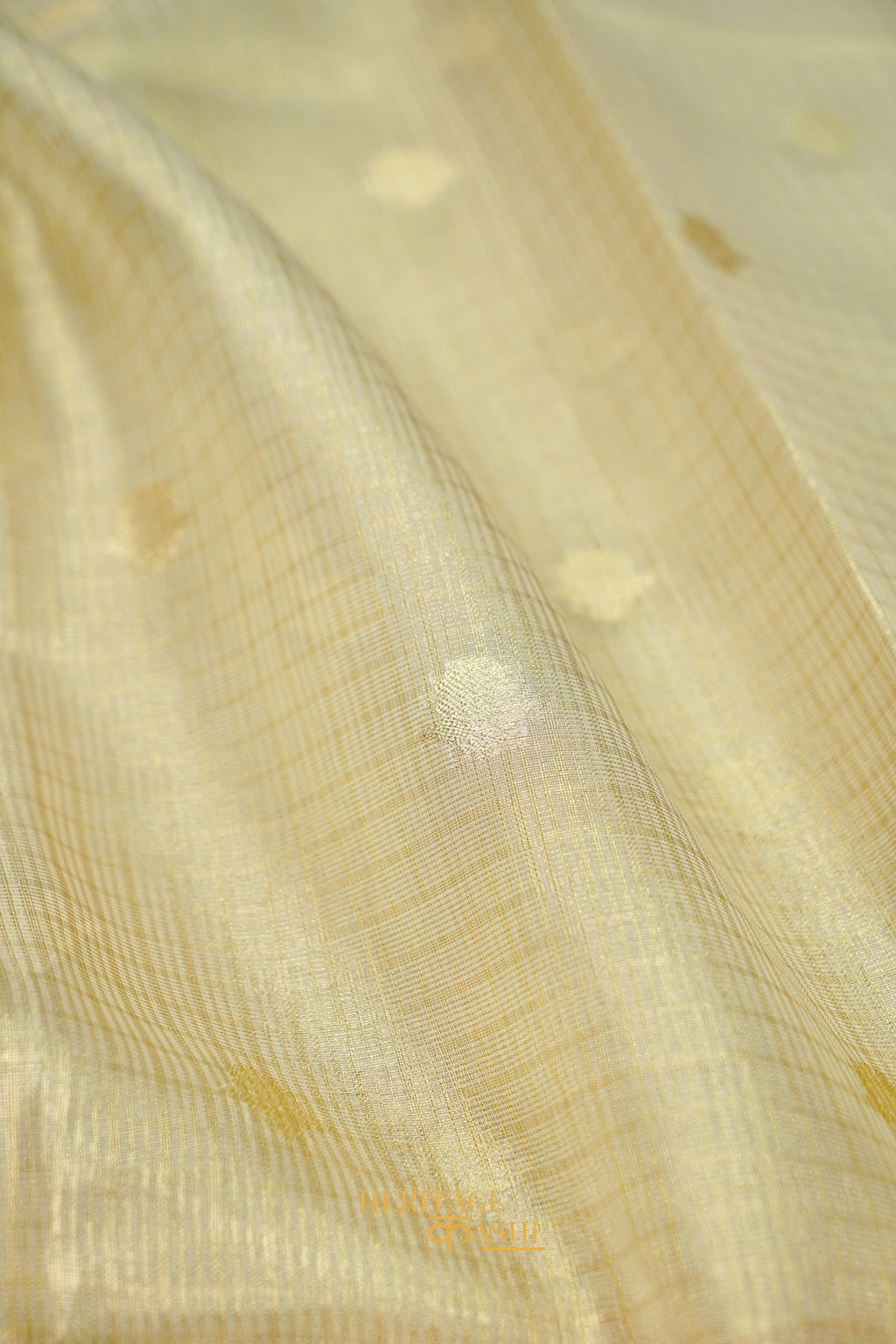 Ivory Tissue Kota Zari Buti Banarasi Silk Saree with Orange Zari Border