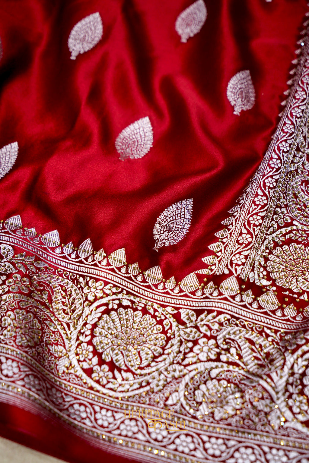 Deep Maroon Swarovski Stone Work Mashru Banarasi Silk Saree