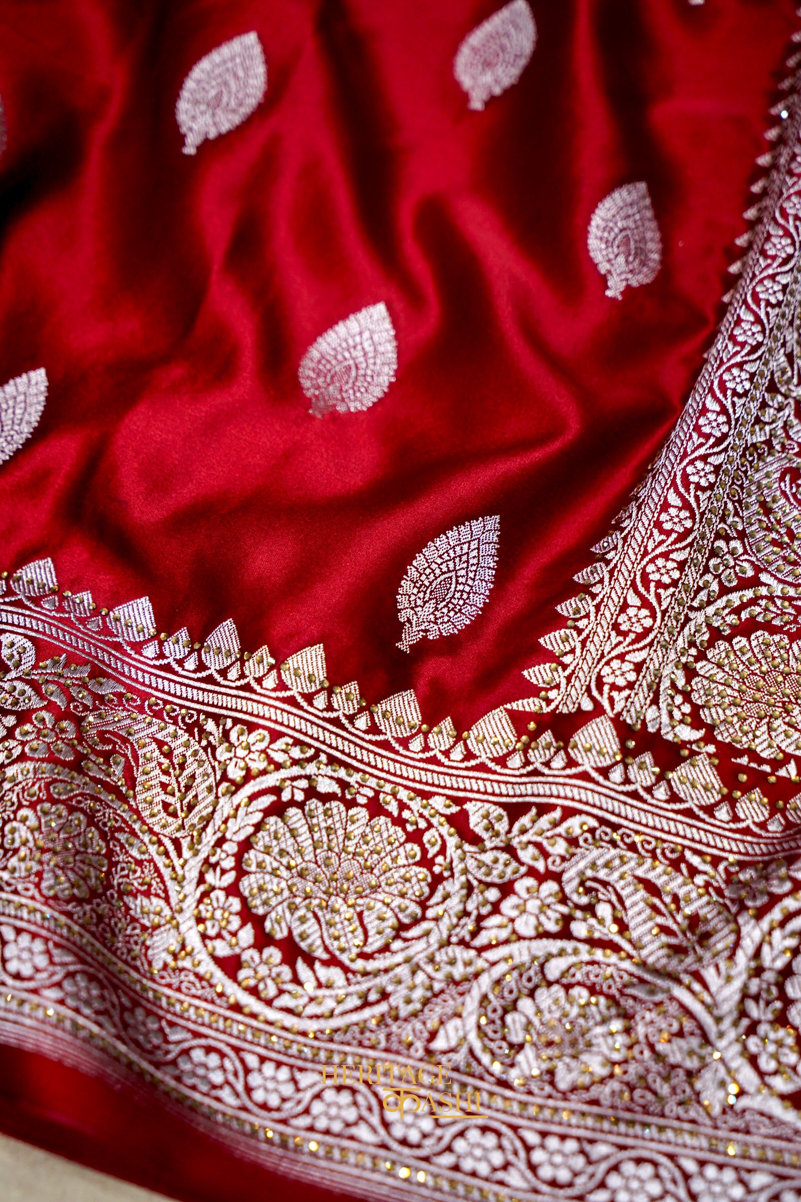 Deep Maroon Swarovski Stone Work Mashru Banarasi Silk Saree