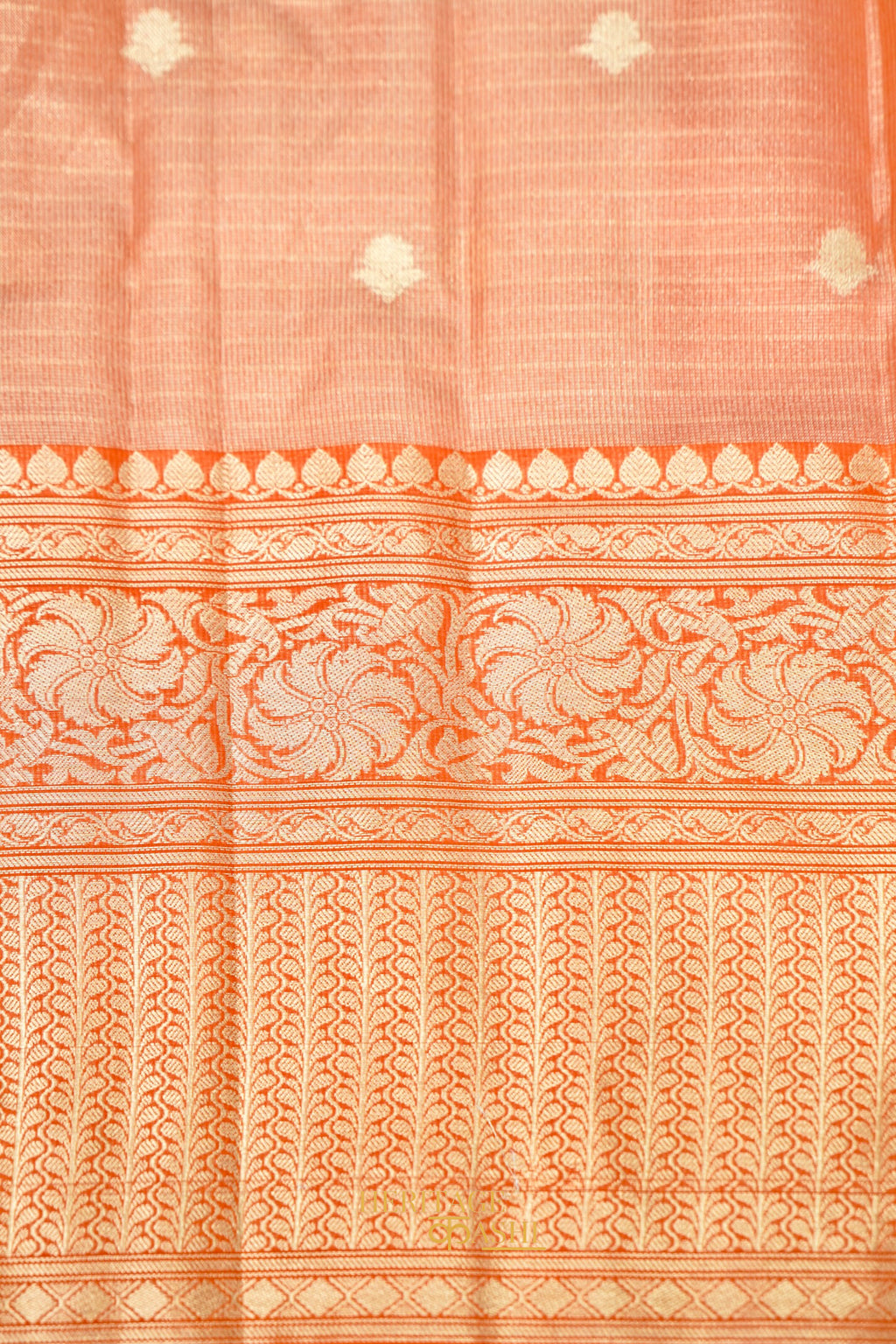 Ivory Tissue Kota Zari Buti Banarasi Silk Saree with Orange Zari Border