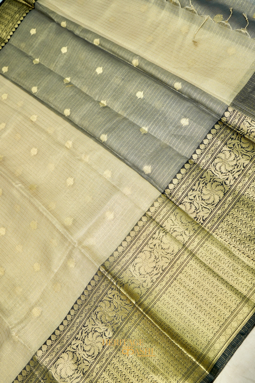 Ivory Tissue Kota Zari Buti Banarasi Silk Saree with Black Zari Border