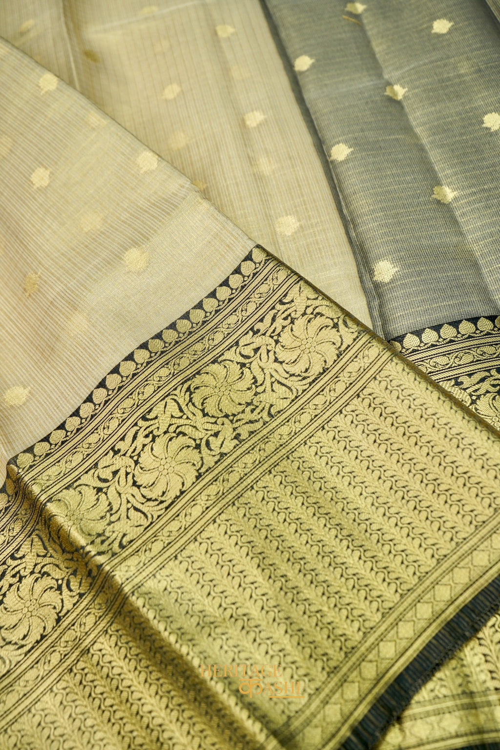 Ivory Tissue Kota Zari Buti Banarasi Silk Saree with Black Zari Border