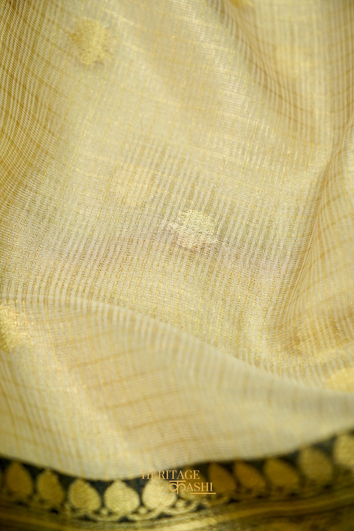 Ivory Tissue Kota Zari Buti Banarasi Silk Saree with Black Zari Border