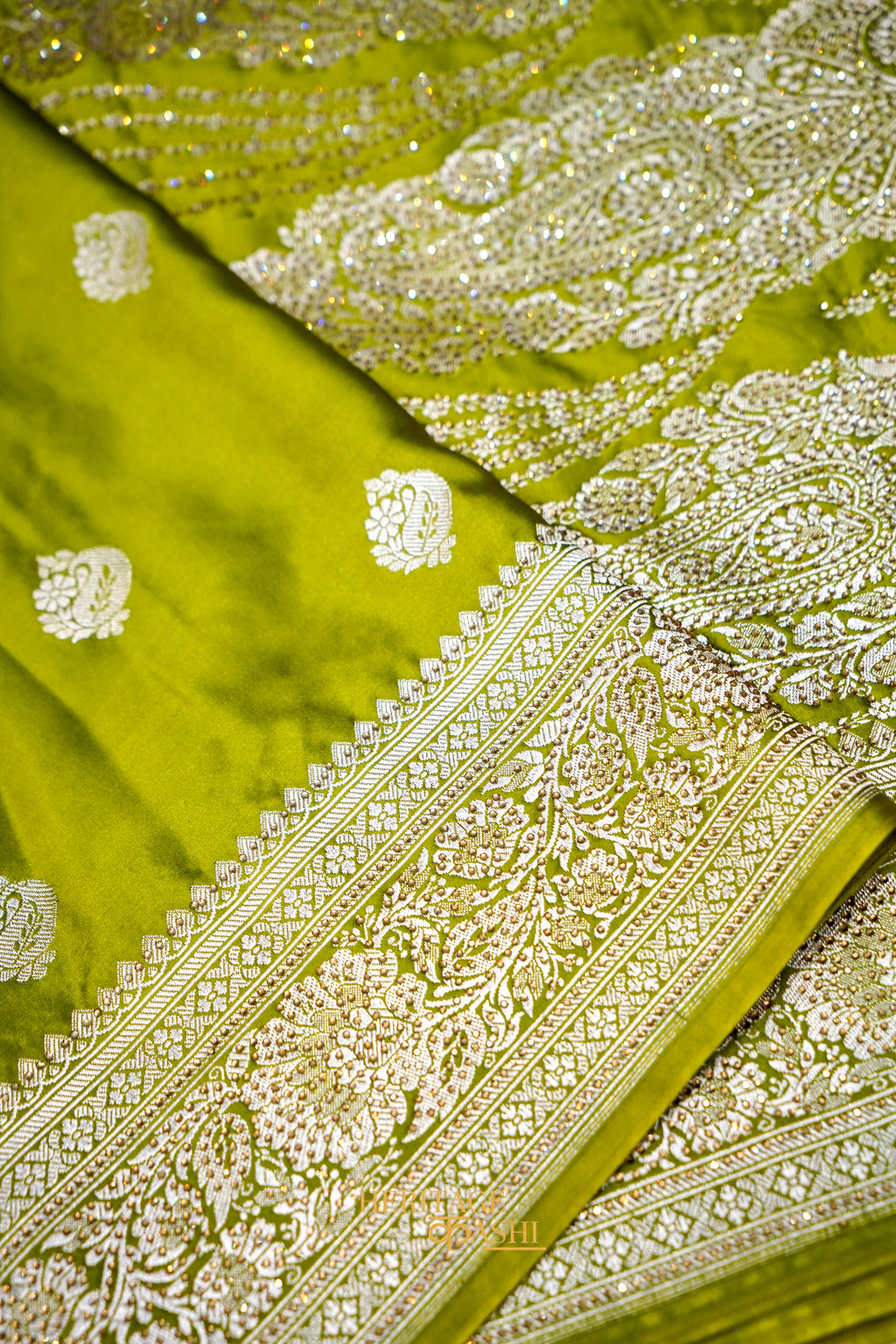 Olive Green Swarovski Stone Work Mashru Banarasi Silk Saree